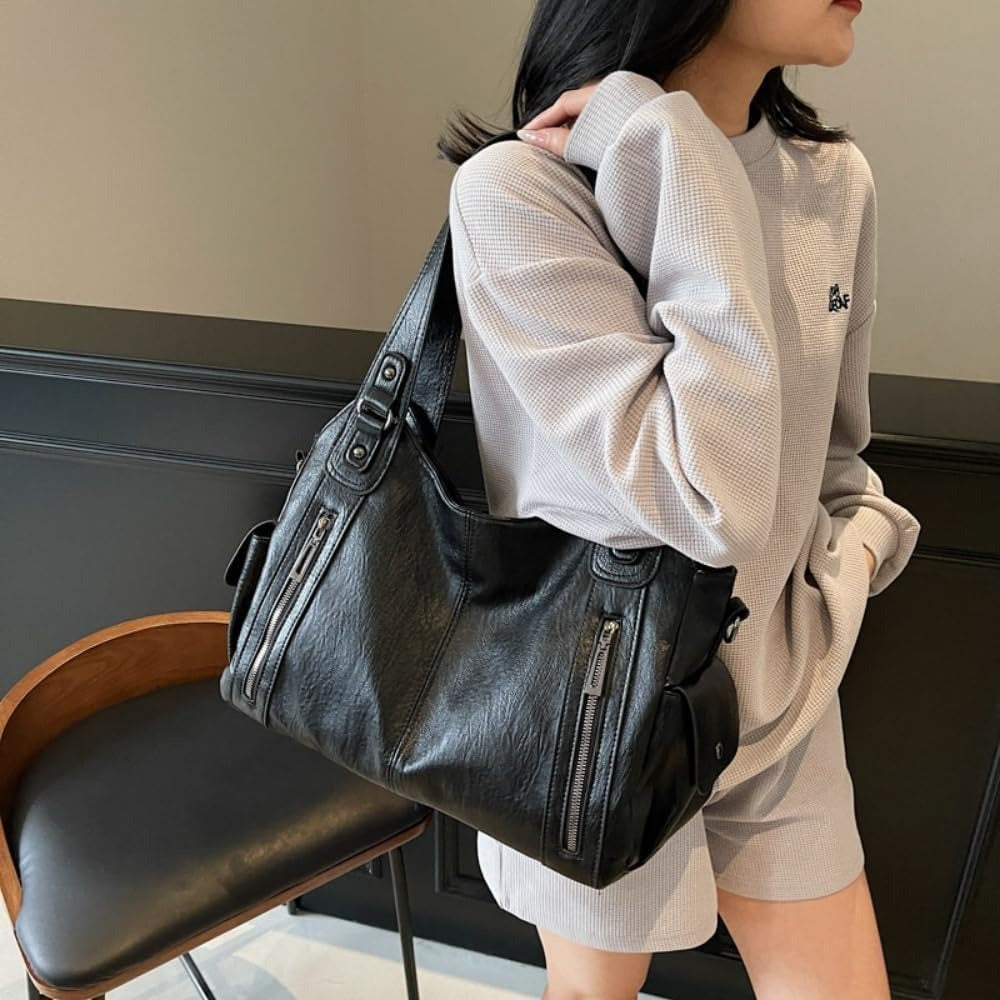 Borsa Hobo Donna in Pelle PU Nera Multi Tasche