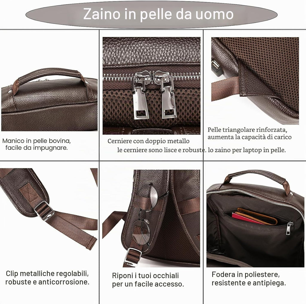 Zaino Uomo in Vera Pelle Vintage Laptop 14" Lavoro Viaggio Retrò