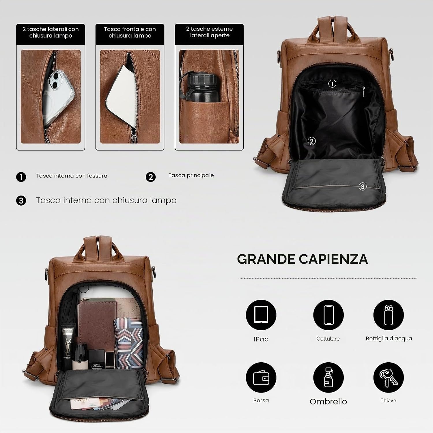 Zaino Antifurto Donna in Pelle Vegana con Tracolla Staccabile