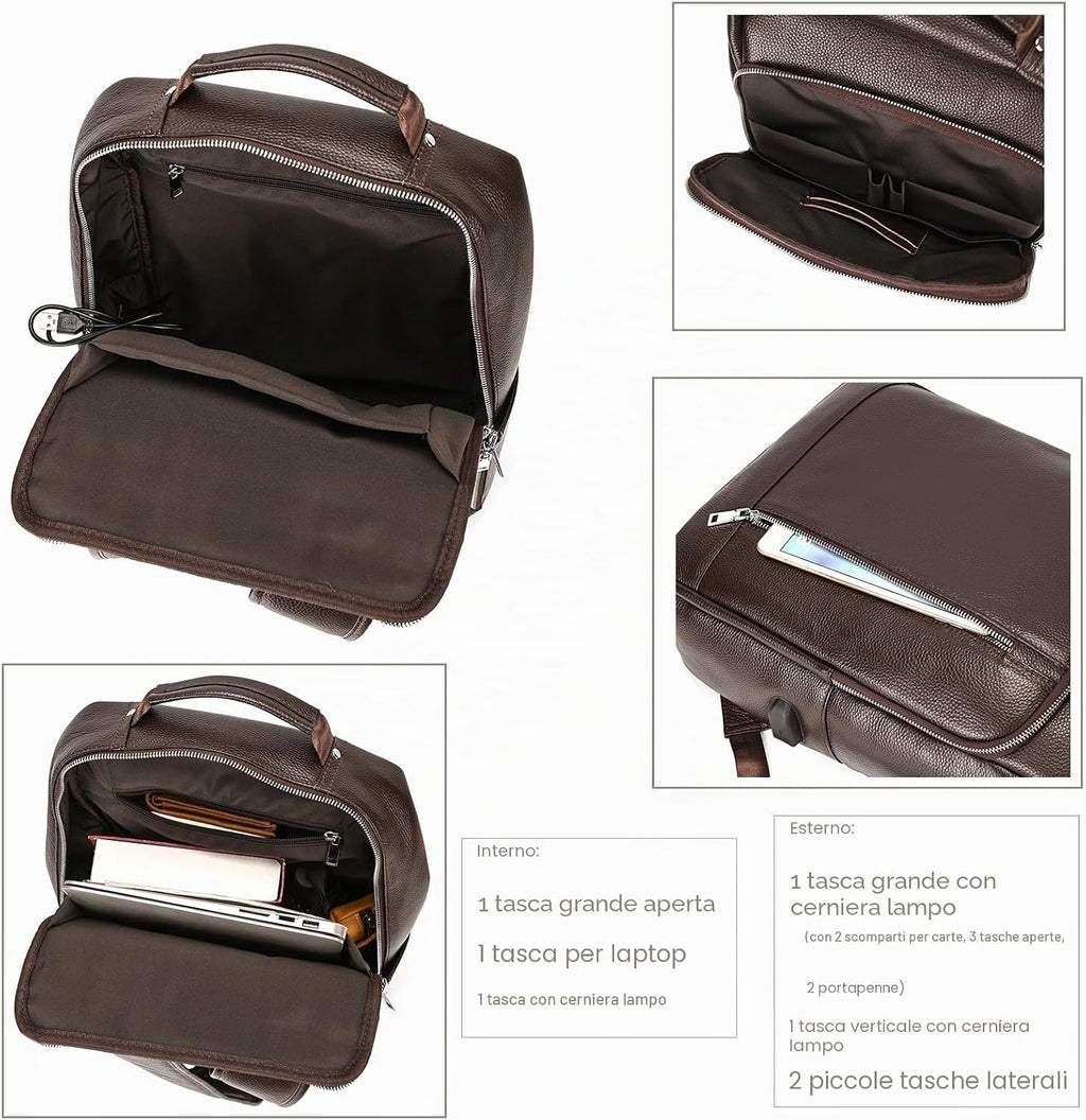 Zaino Uomo in Vera Pelle Vintage Laptop 14" Lavoro Viaggio Retrò