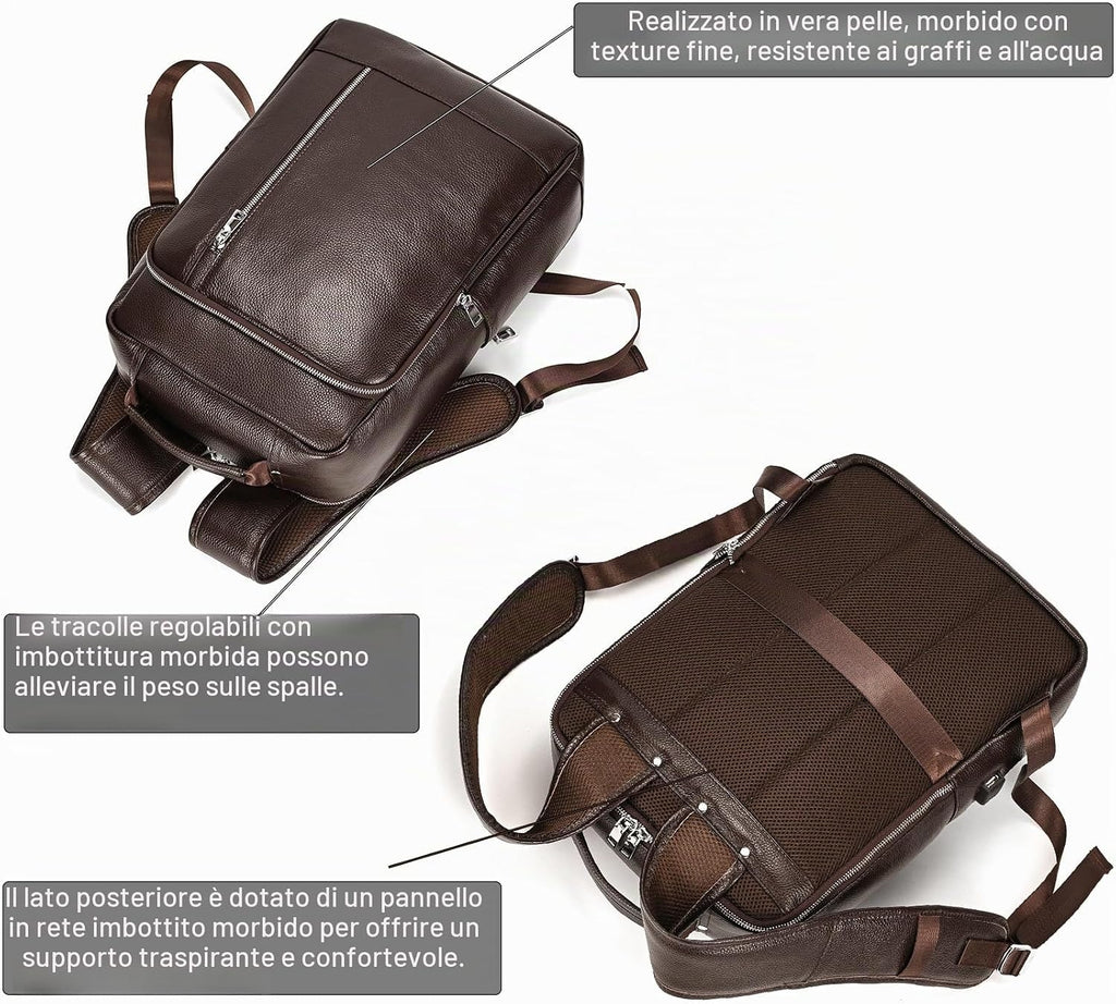 Zaino Uomo in Vera Pelle Vintage Laptop 14" Lavoro Viaggio Retrò