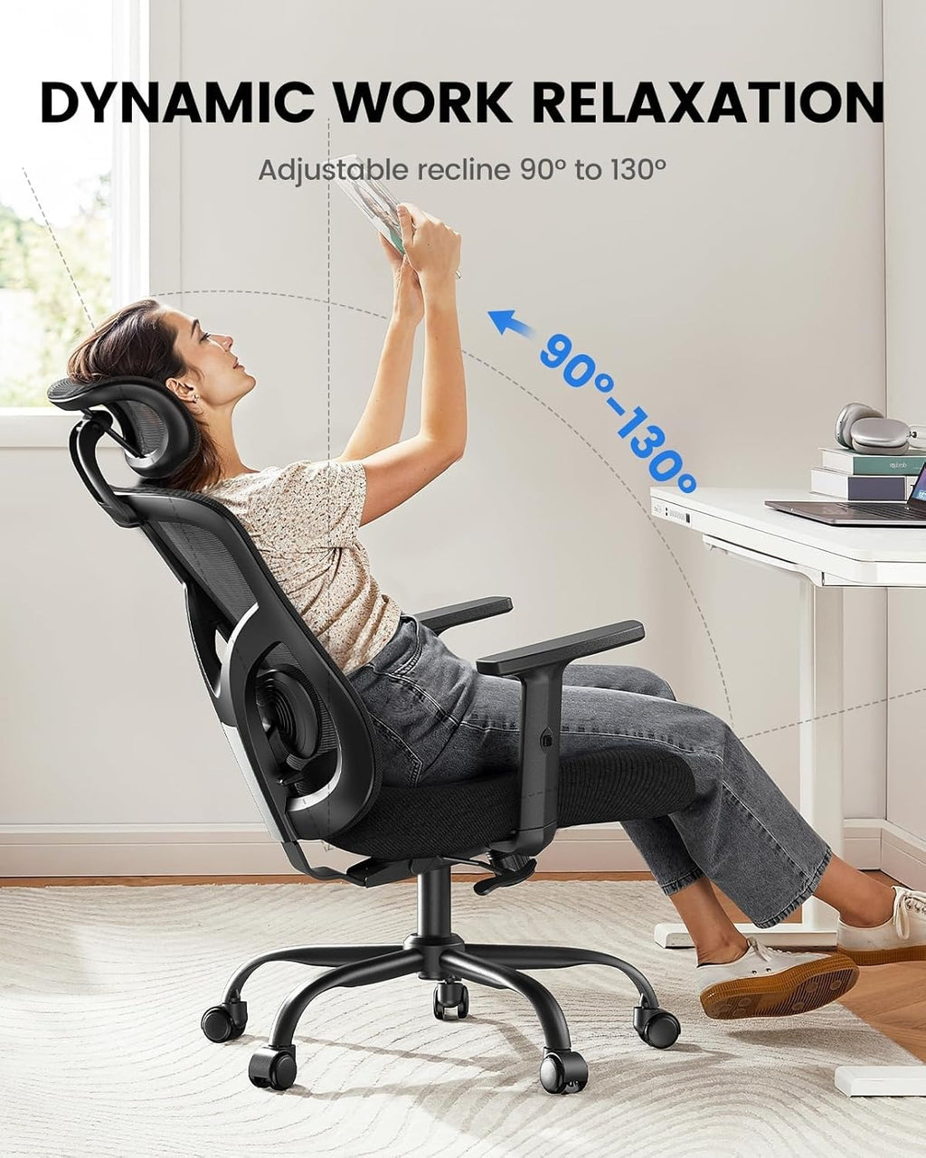 Ergonomická kancelárska stolička s bedrovou opierkou | 2D opierka hlavy, nastaviteľné opierky rúk, 130° náklon