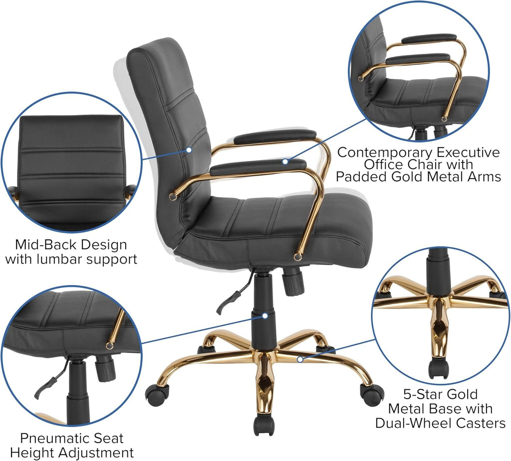 Kancelárska stolička s kolesami a podrúčkami | Stredná opierka, kolenka, nastaviteľná výška, čierna