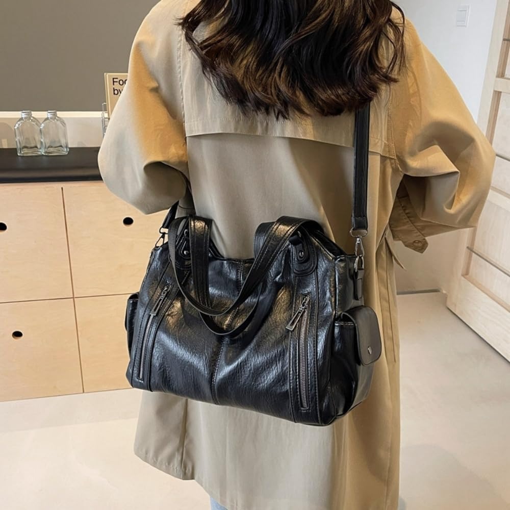 Borsa Hobo Donna in Pelle PU Nera Multi Tasche