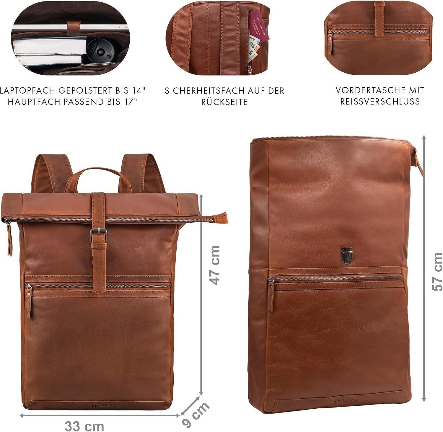 Zaino Rolltop in Vera Pelle Uomo Donna Vintage per Laptop 17"