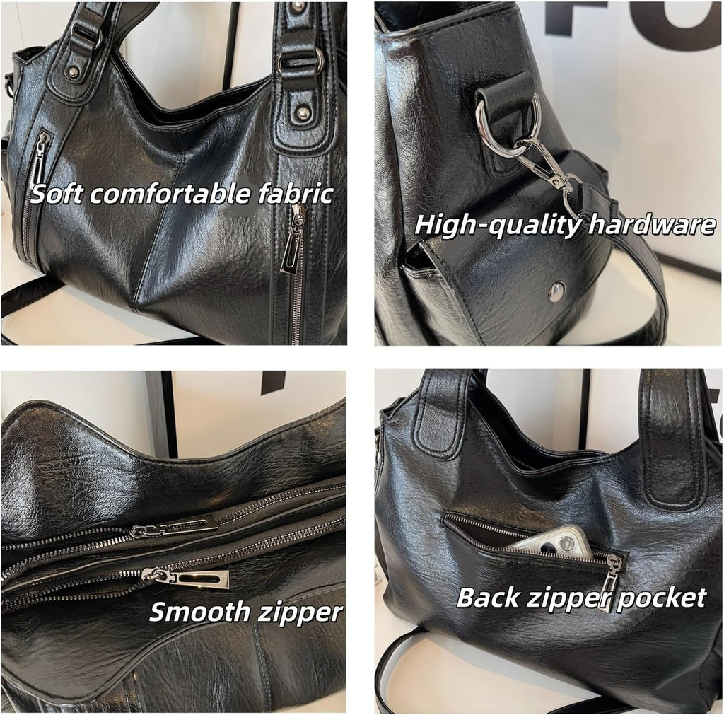 Borsa Hobo Donna in Pelle PU Nera Multi Tasche