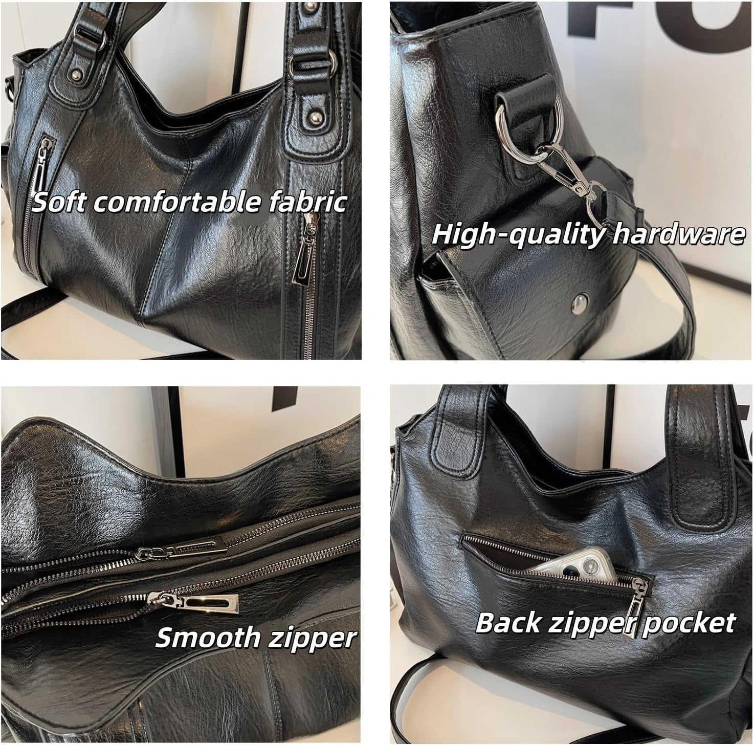Borsa Hobo Donna in Pelle PU Nera Multi Tasche